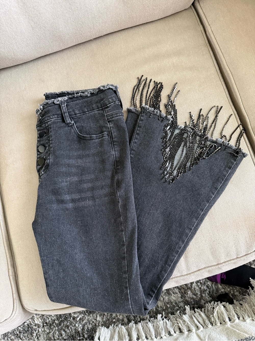 Beaded Frayed Hem Flare Jeans - Black
